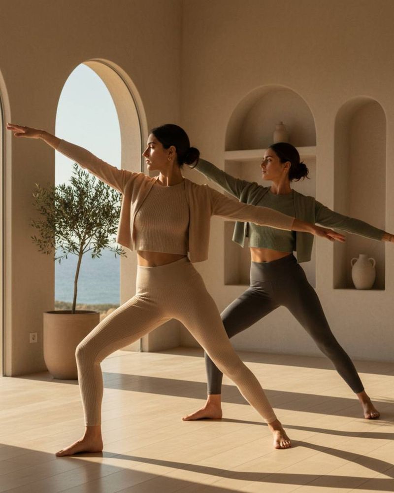 Practice space: two people in a yoga pose in a room with arches and an olive tree