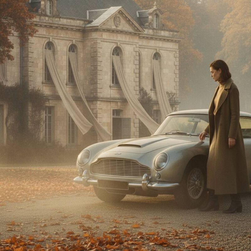 Autumn editorial: figure in a long coat before a manor house and a classic car