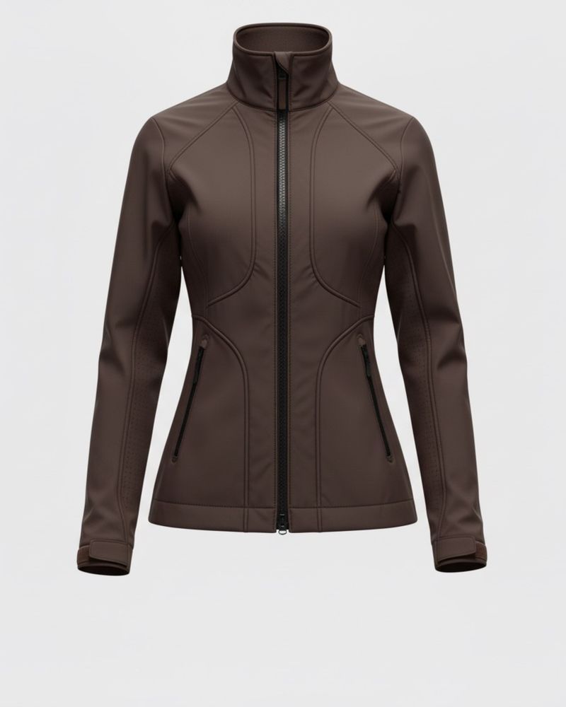 Brown technical jacket: princess seams, centre zip and high collar