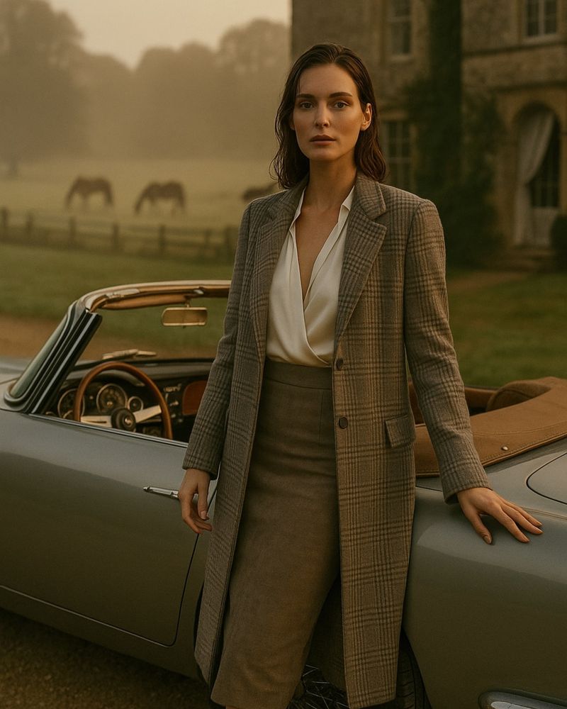 Figure in a tweed coat beside a classic convertible, in the countryside