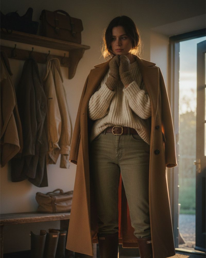 Figure in a long coat in the hall of a country house