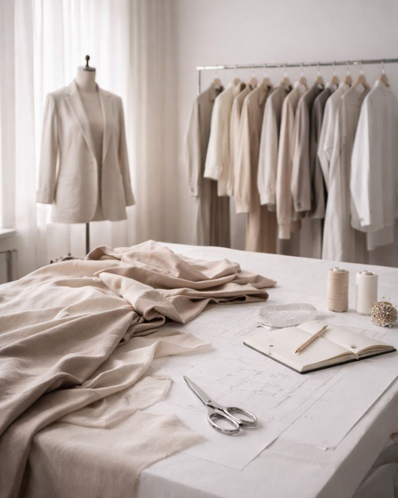 Workshop table with mannequin, fabrics, patterns and cutting tools