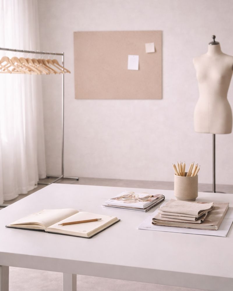 Workshop set up: clothes rail, swatch board, mannequin and worktable