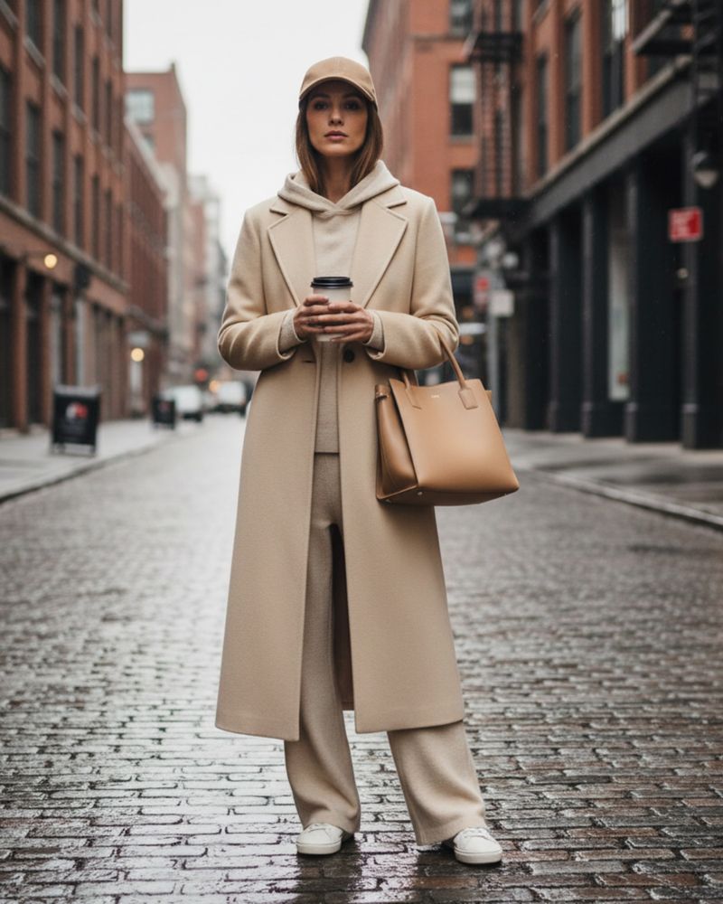 Figure in a camel coat with a bag on a cobbled street