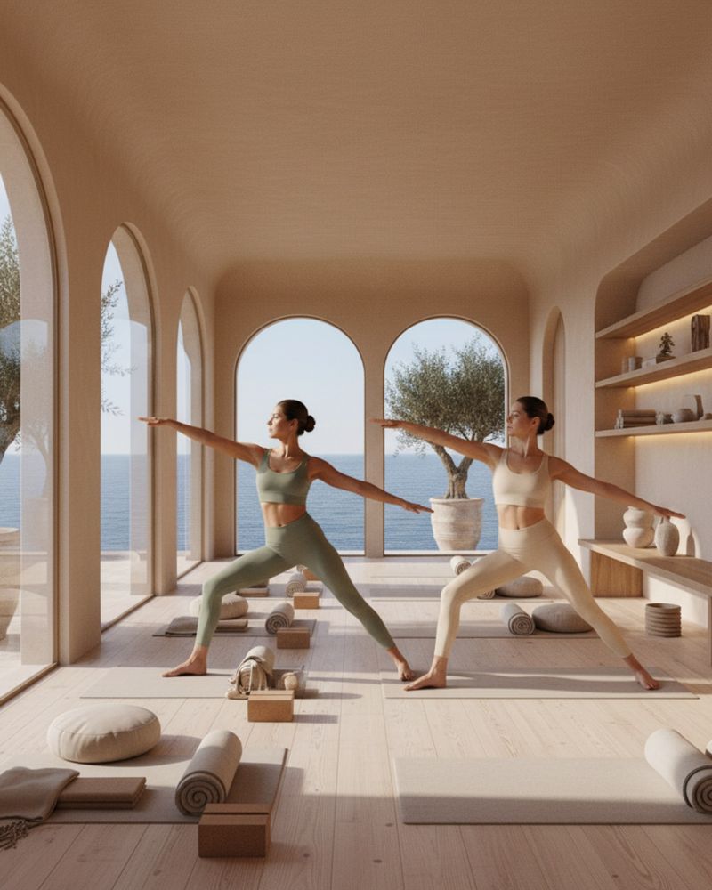 Two people practising yoga under an arcade facing the sea