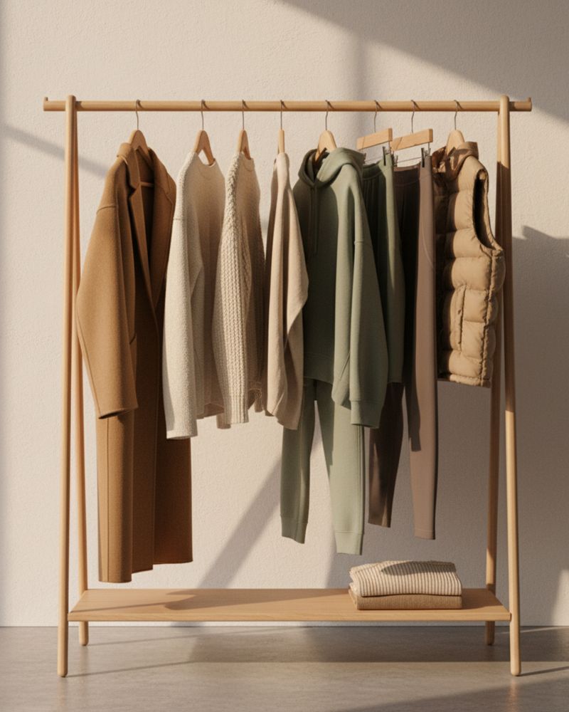Wooden rail with the collection arranged by tone, from camel to olive