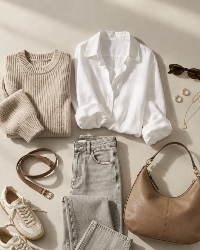 Complete outfit laid out on a light background: knitwear, shirt, denim, belt, bag and shoes