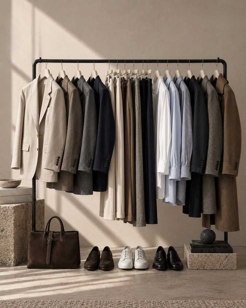 Rail crammed with dark and light garments, with shoes underneath