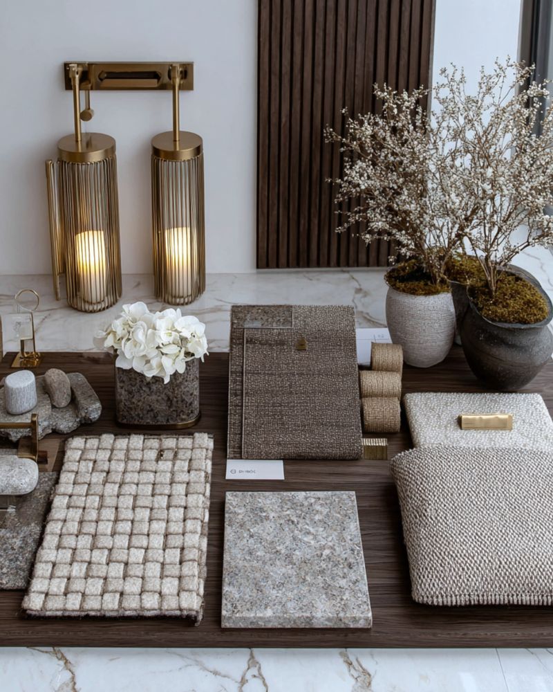 Tablero de materiales: piedra, tejidos, madera y latón