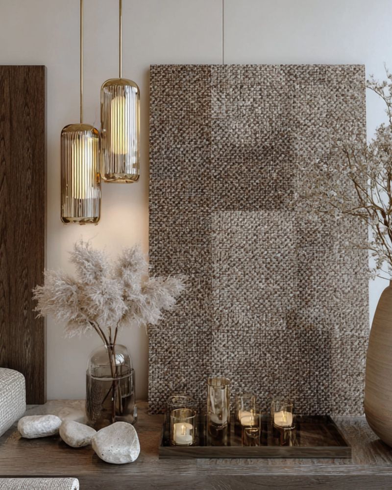 Material panel: textured fabric, wood, stone and brass lamps