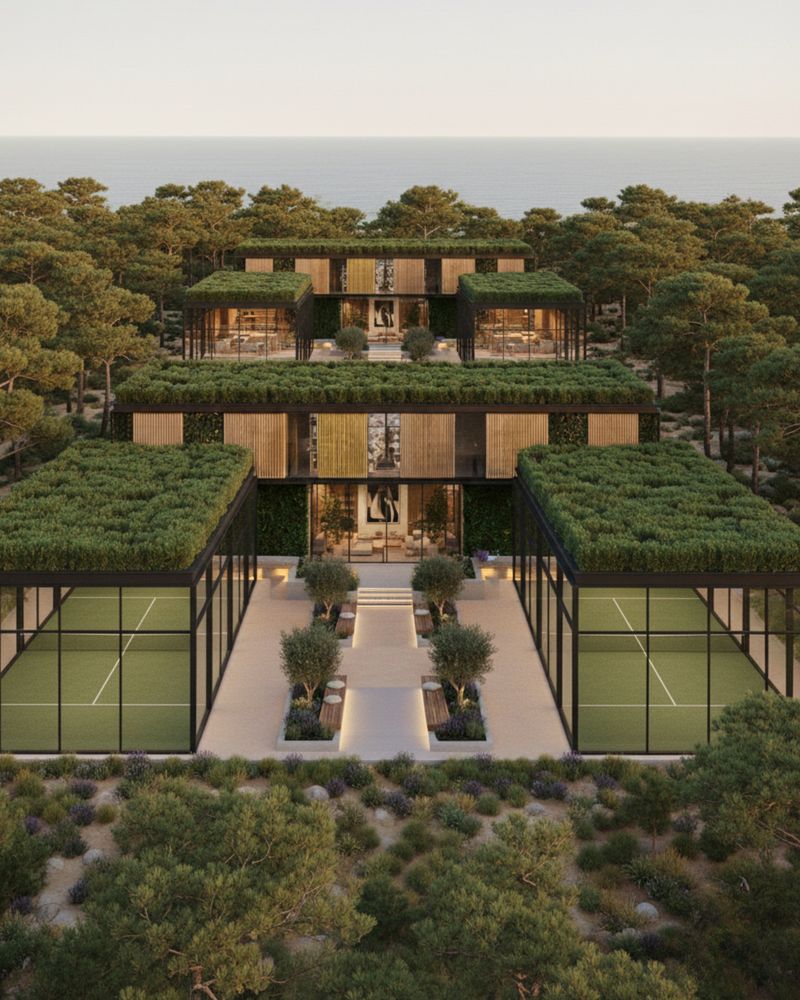 Padel club among pine trees, with green roofs, seen from above