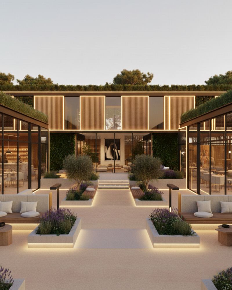 Courtyard of a sports club with olive trees, benches and warm light
