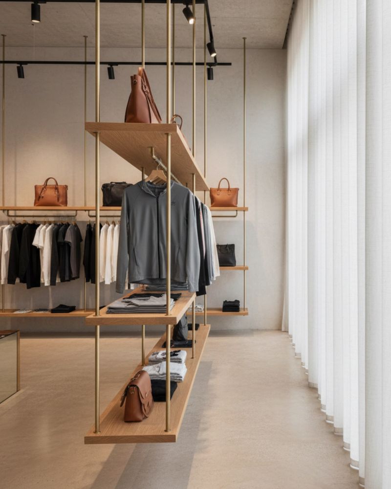 Shop interior with suspended shelving and hanging garments