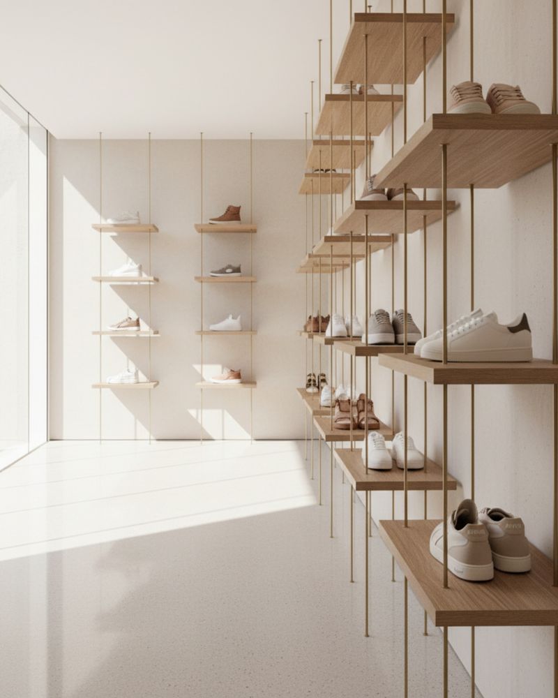 Bright shop with suspended shelves and footwear on display