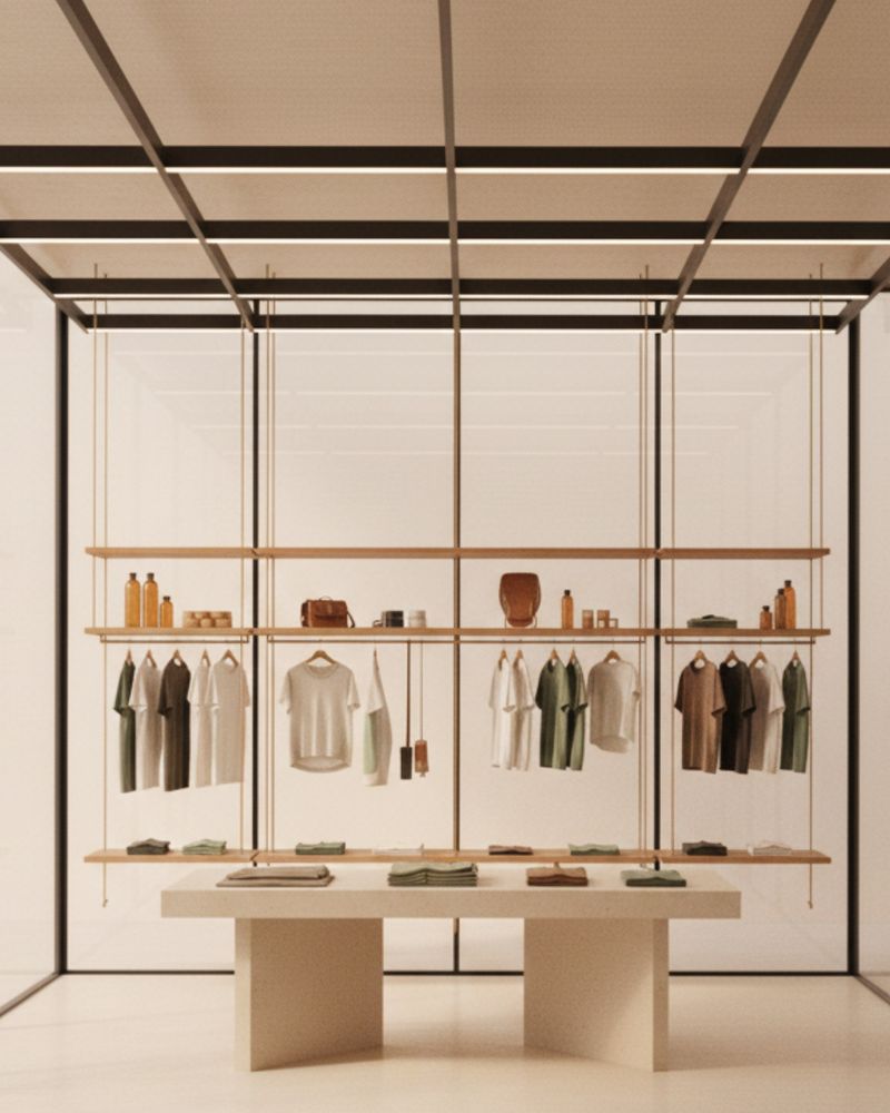 Shop with a metal structure, shelving and a central display table