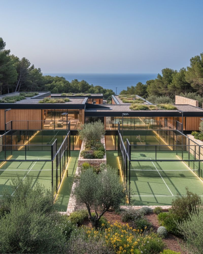Padel club with courts and green roofs facing the sea