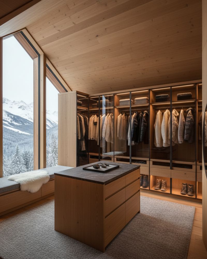 Wood-panelled retail space with rails, a central island and a window onto the mountains
