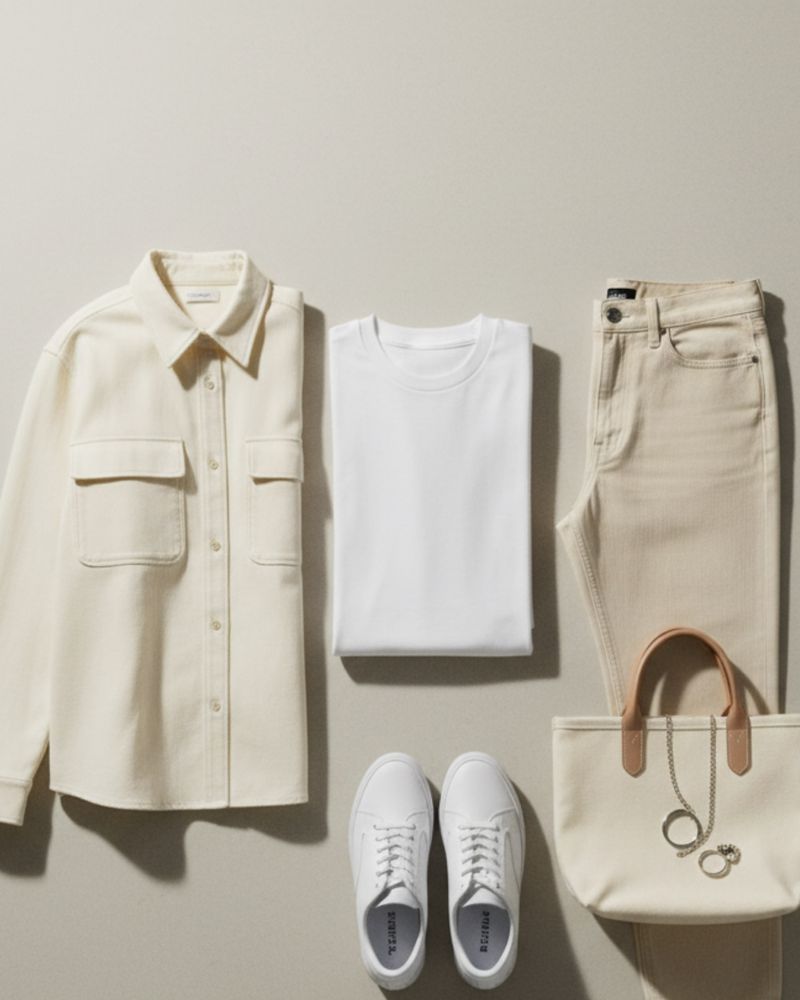 Shirt, T-shirt, denim, trainers and bag laid out as an outfit