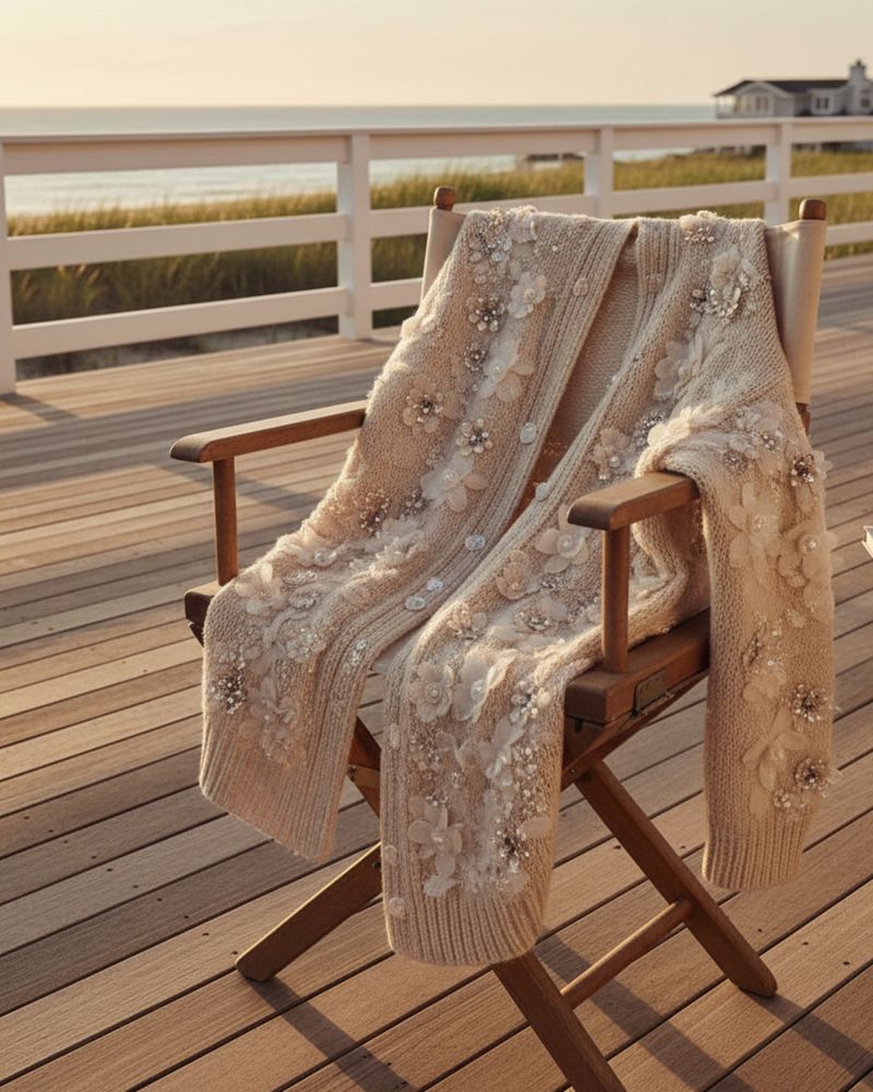 Embroidered garment on a wooden chair on a terrace by the dunes