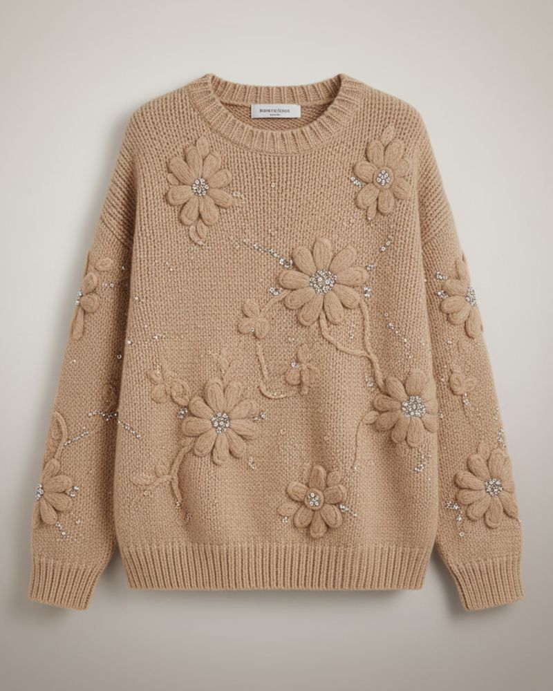 Knitted jumper with embroidered flowers, product photograph
