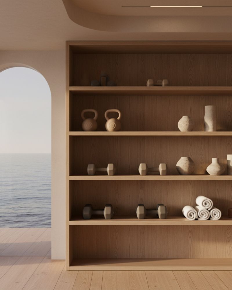Wooden shelving with objects, beside an arch open to the sea