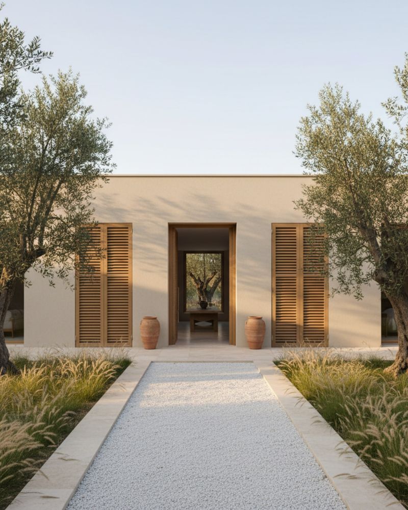 Entrance to a Mediterranean house among olive trees