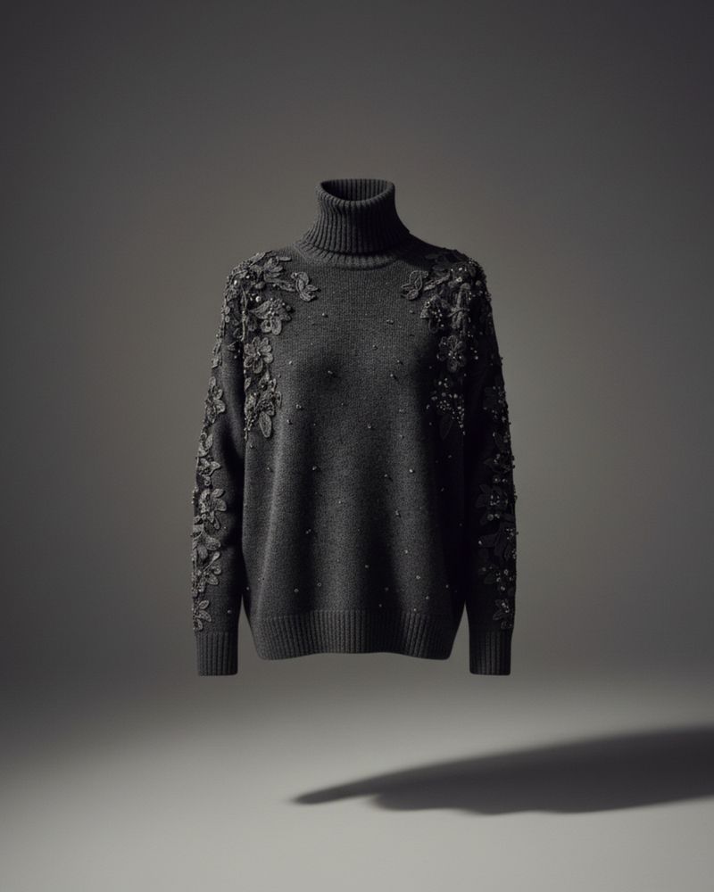 Jersey negro de cuello alto con bordado de flores, en estudio