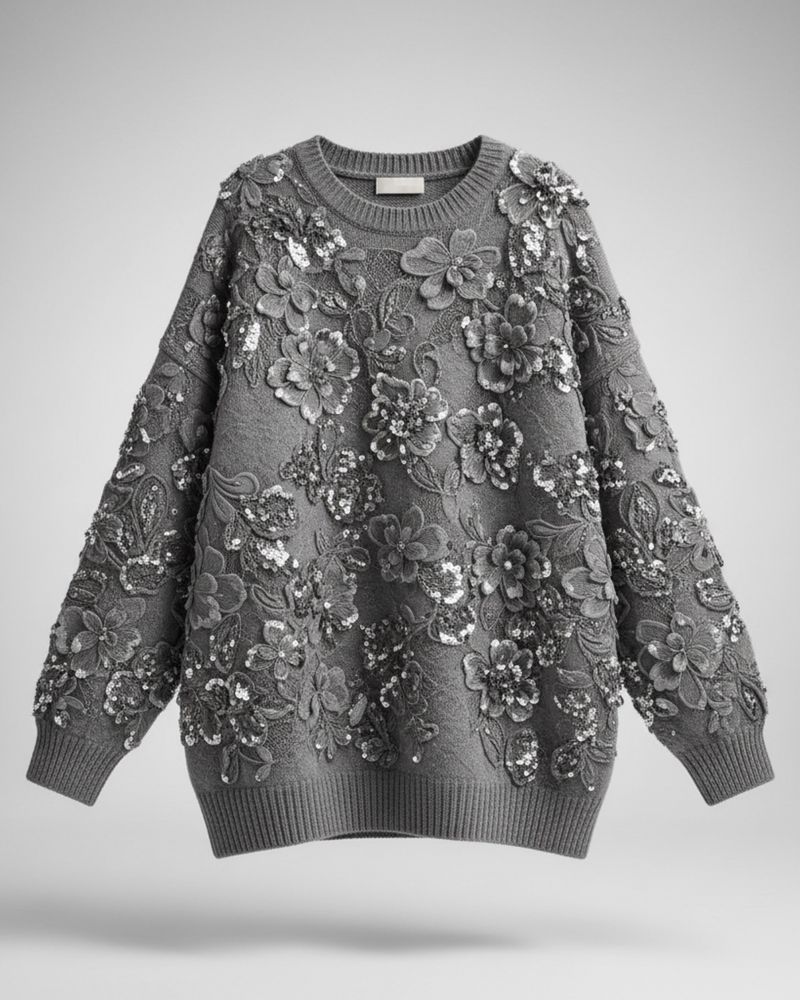 Grey jumper with embroidered floral appliqués, product render