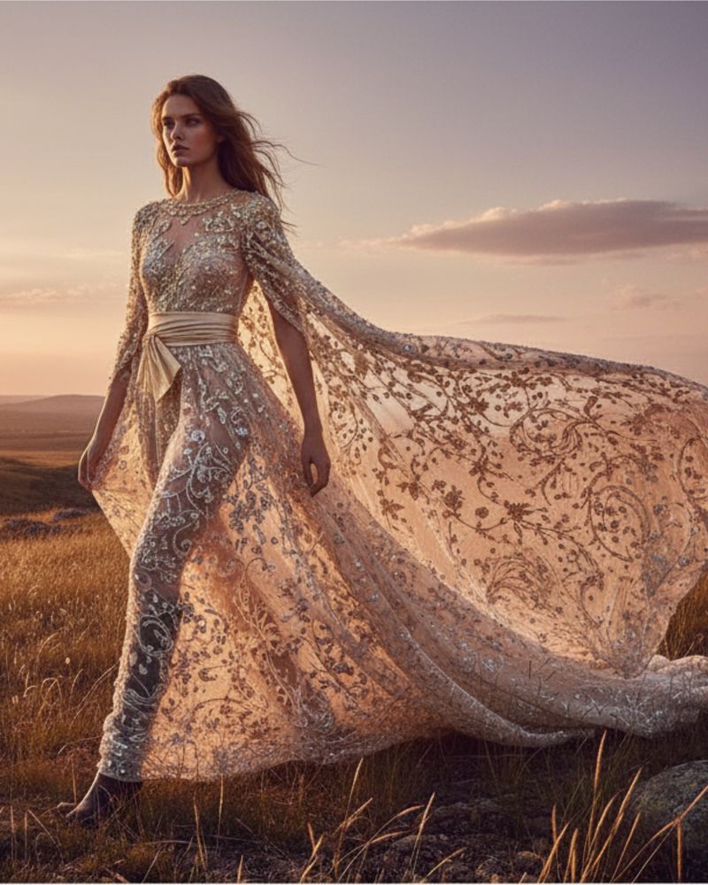 Couture gown with an embroidered train, full silhouette at sunset