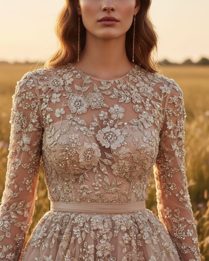 Detail of an embroidered couture bodice, backlit