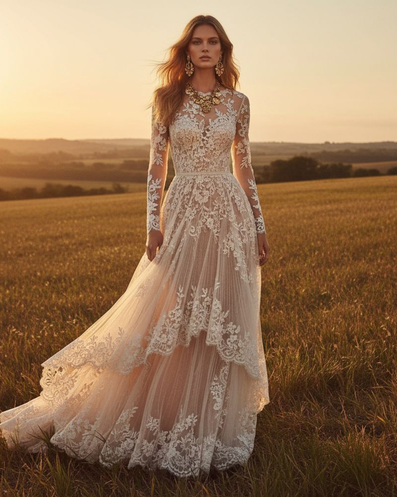 Couture lace dress, full-length shot in the countryside