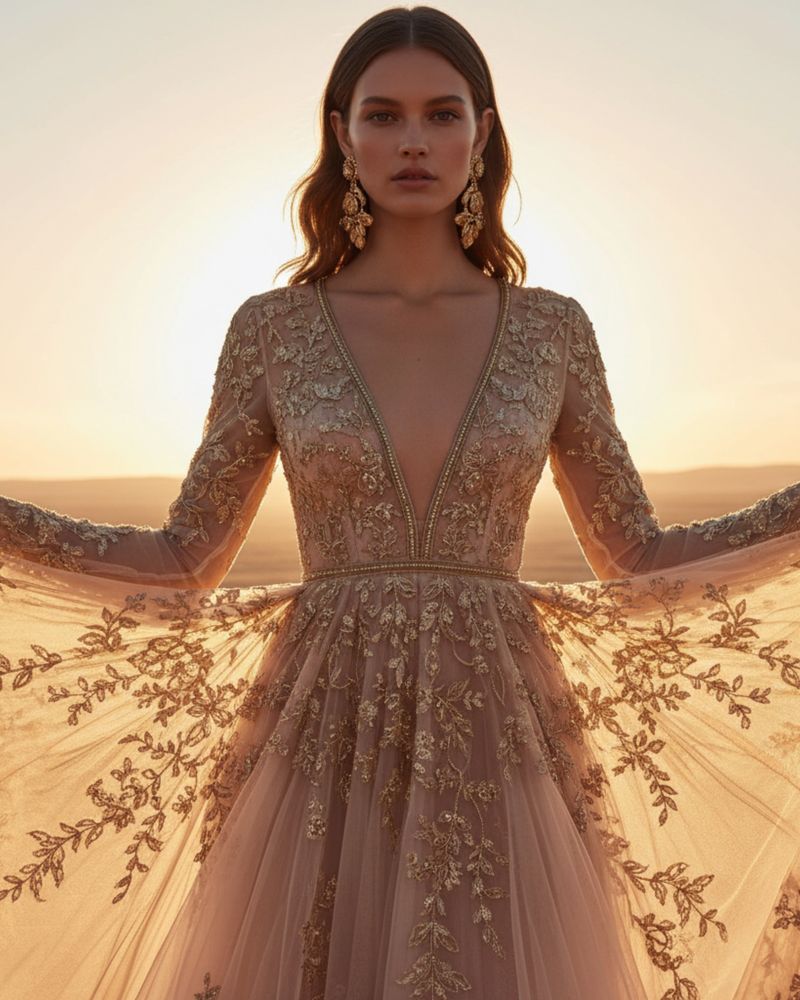 Vestido bordado de alta costura, a contraluz en el campo
