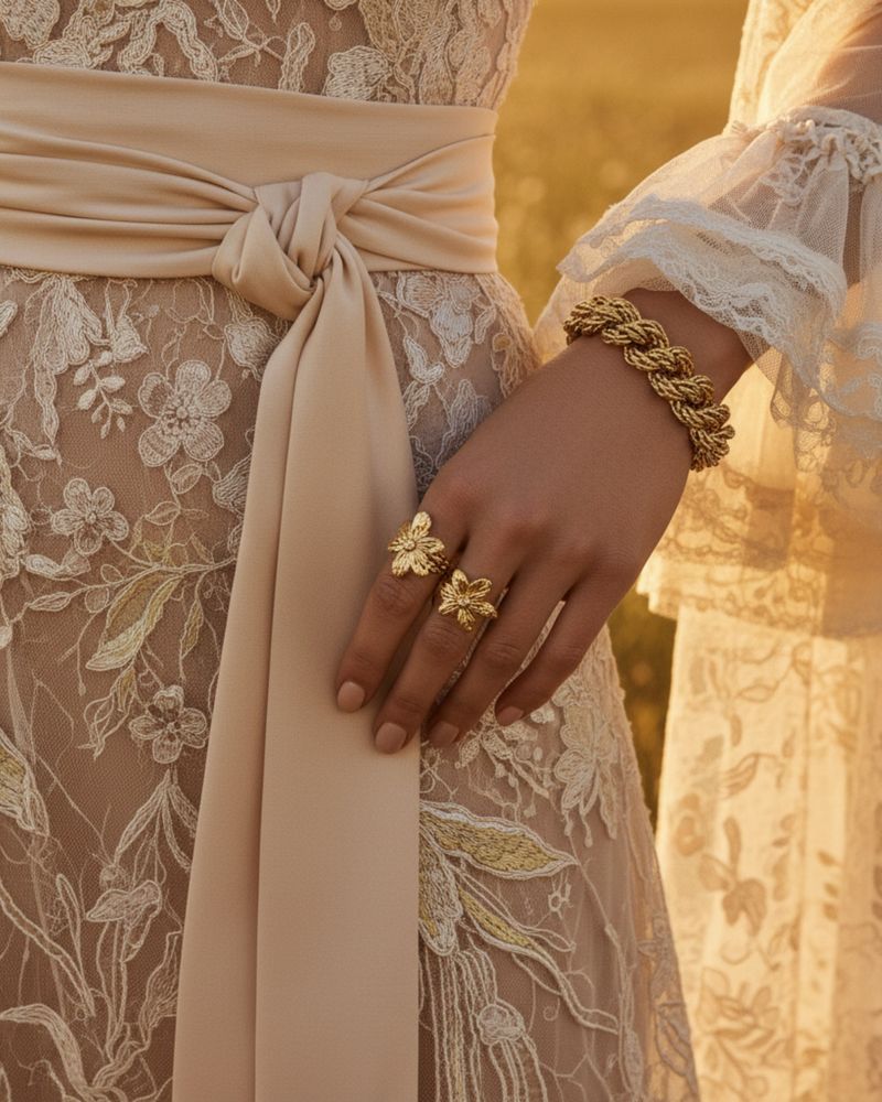 Detail of embroidery, a silk bow and jewellery on the hand