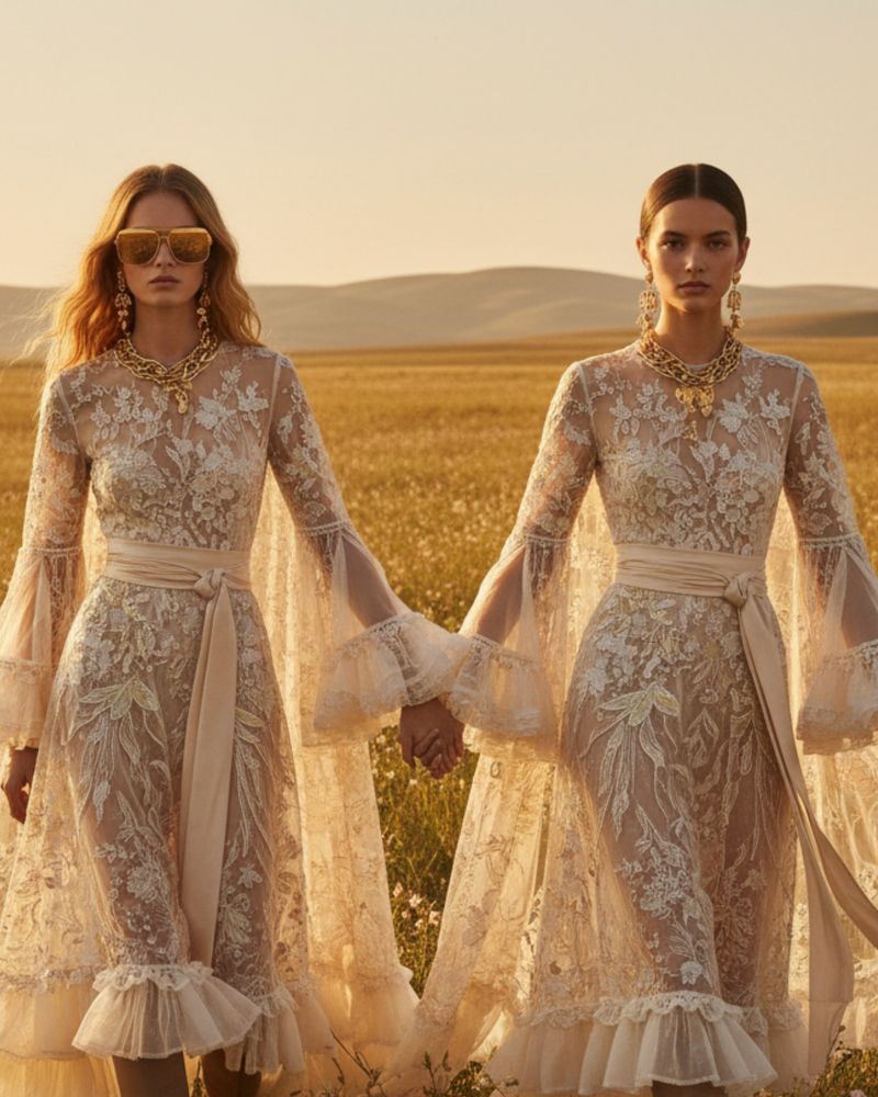 Two embroidered looks from the same collection, in the countryside at sunset