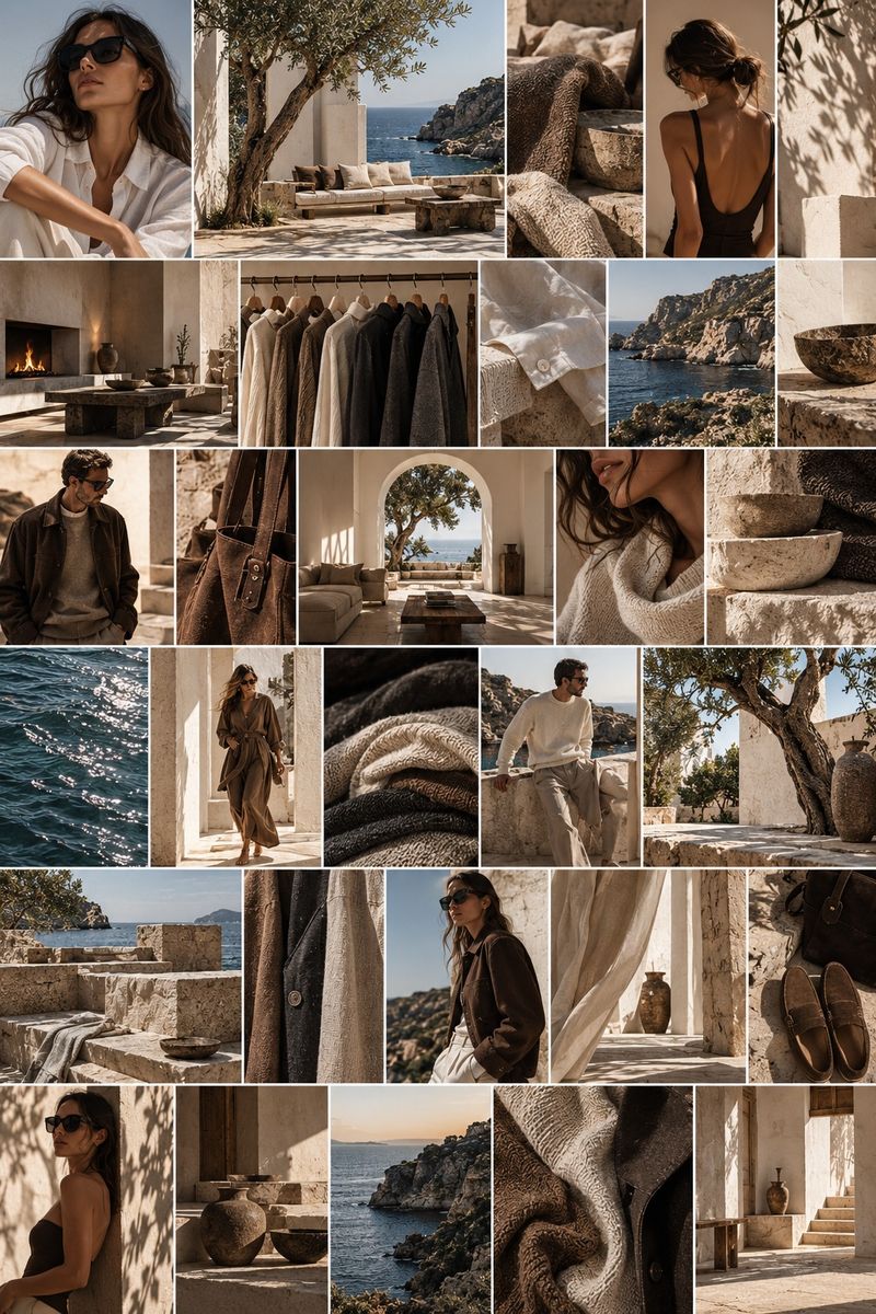Moodboard: coat rail, stone fireplace and cove, in a linen and wool palette