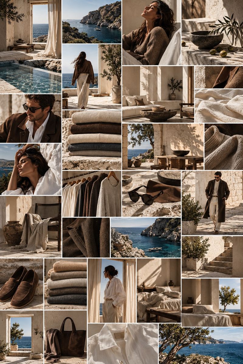 Moodboard: water, stacks of knitwear, footwear and leather pieces on stone