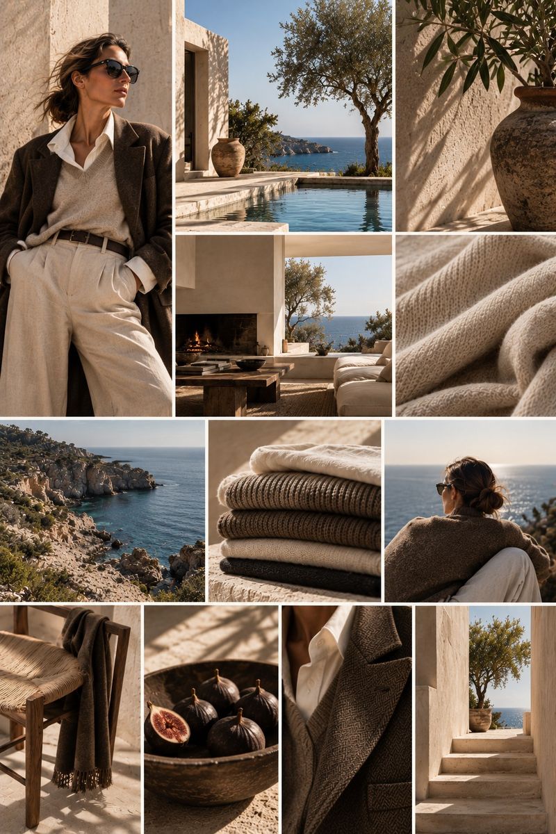 Moodboard: linen and knitwear by the sea, whitewashed stone, olive tree and fireplace