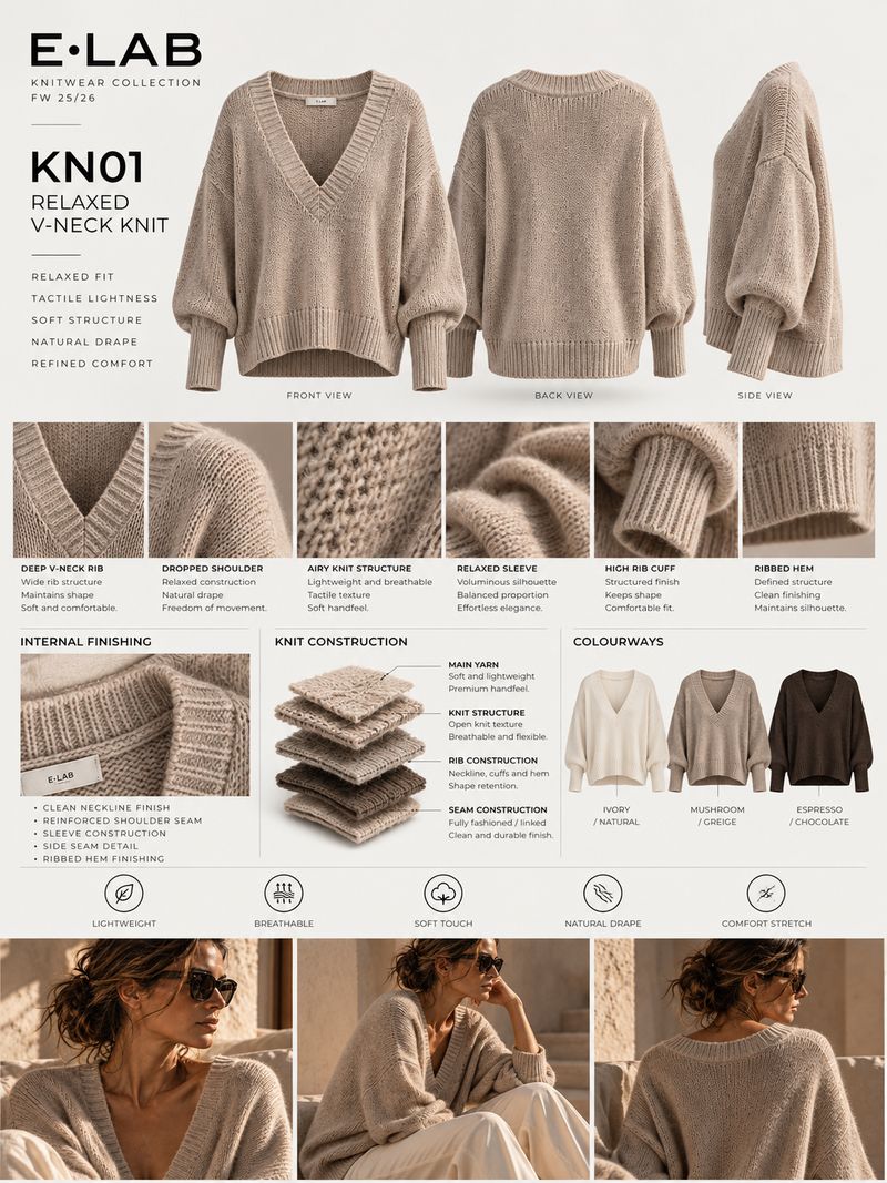 Development sheet for the KN01 V-neck knitted jumper: views, details, construction and colours