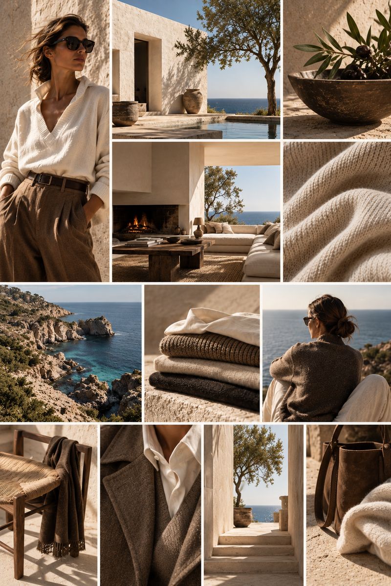 Autumn moodboard: whitewashed stone, olive tree, fireplace, cove, knitwear and wool in earth tones