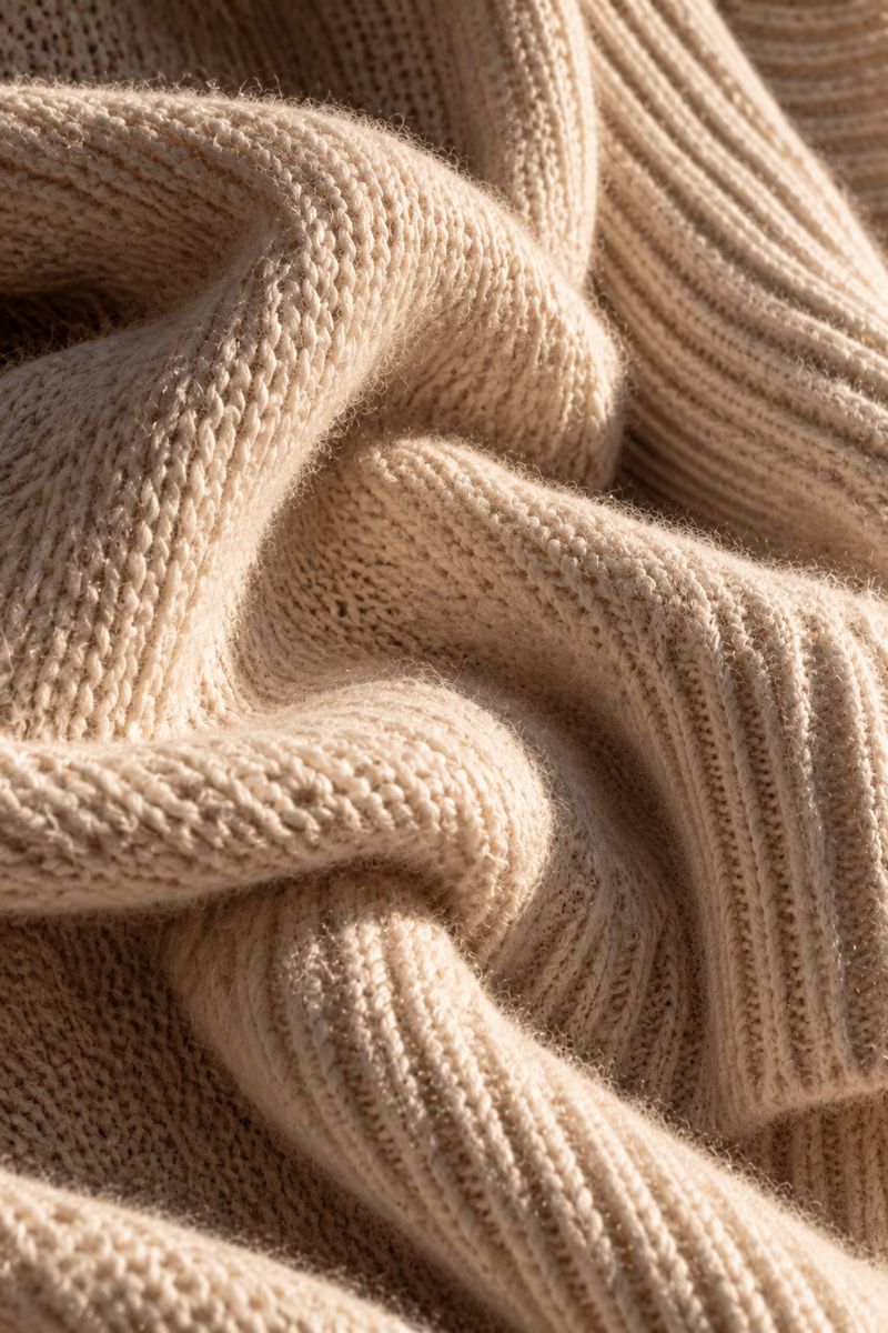 Detail of cream knitwear: texture and rib in the evening light