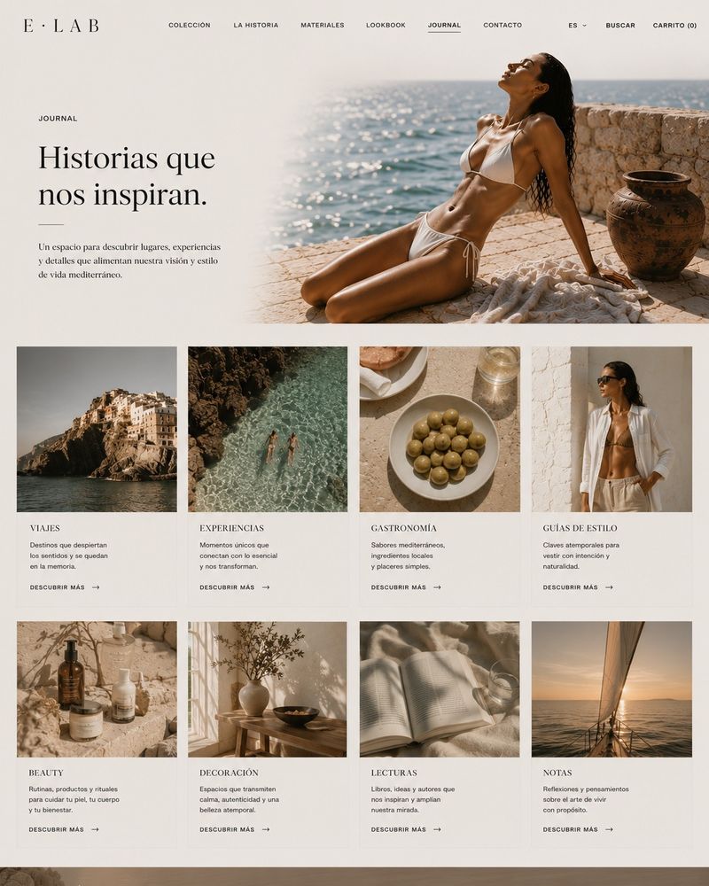 Page from a brand website designed by E·LAB: header, opening screen and grid of sections