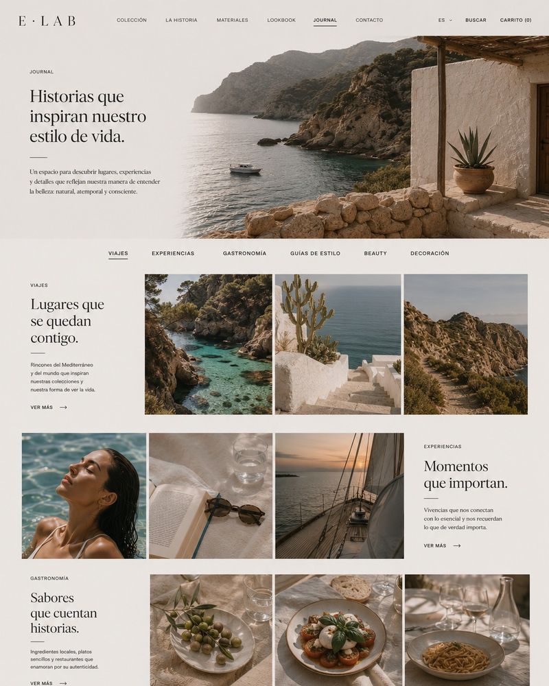 Page from a brand website designed by E·LAB: header, opening screen and first sections